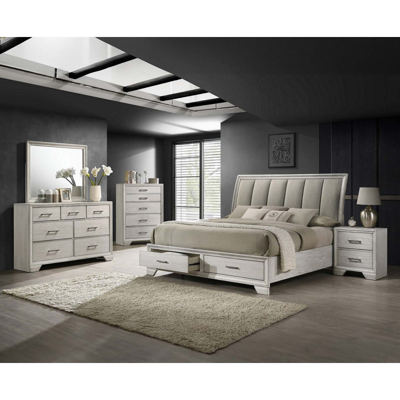 Lit plateforme avec rangement 1pc, Blanc antique, Très grand