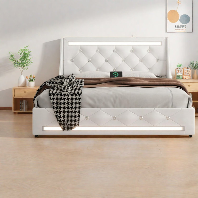 Lit moderne blanc avec rangement, structure en métal et lumières à DEL pour la maison