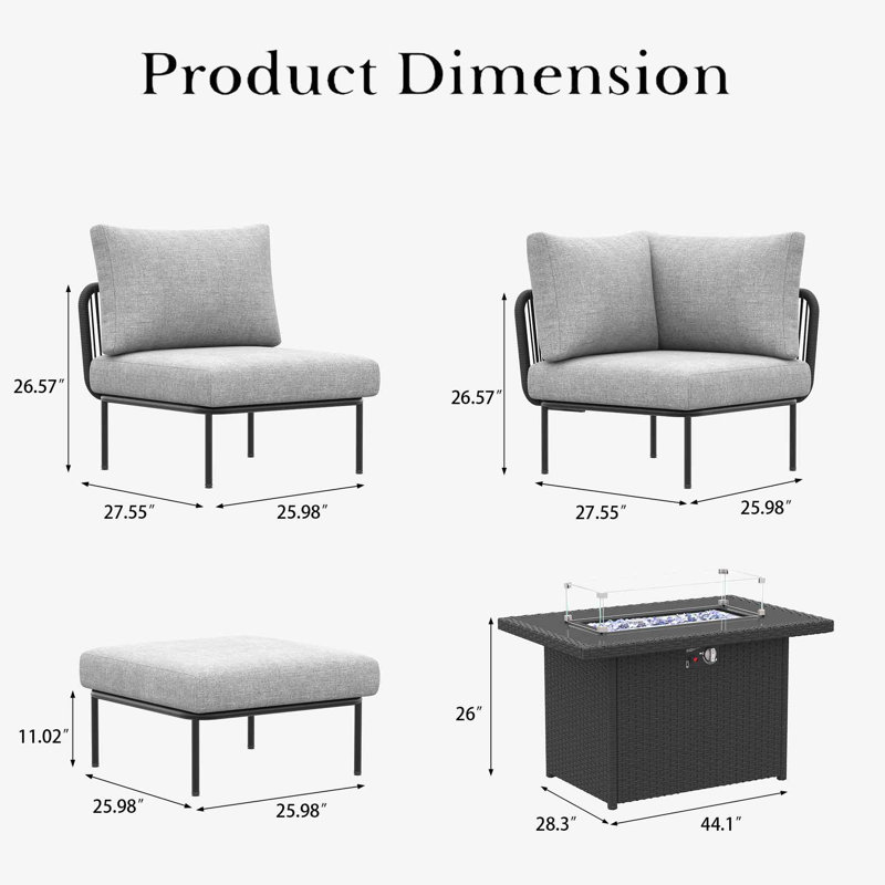 Ebern Designs 11 Pieces Aluminum Patio Furniture Set, Modern Modular Sectional Sofa with Fire Pit Table and Upgrade Thickness Cushion