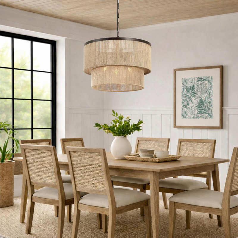 18" 3-Light Handwoven Rope Drum Chandelier, Bronze, Brown