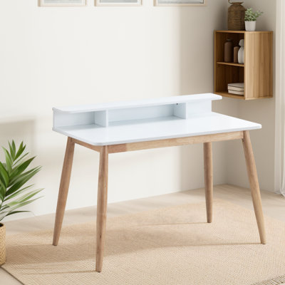 Bureau Mid-Century moderne en bois avec pieds de table en caoutchouc massif blanc et 3 tablettes ouvertes pour l'organisation l 43 po x P 23,4 po H 34 po