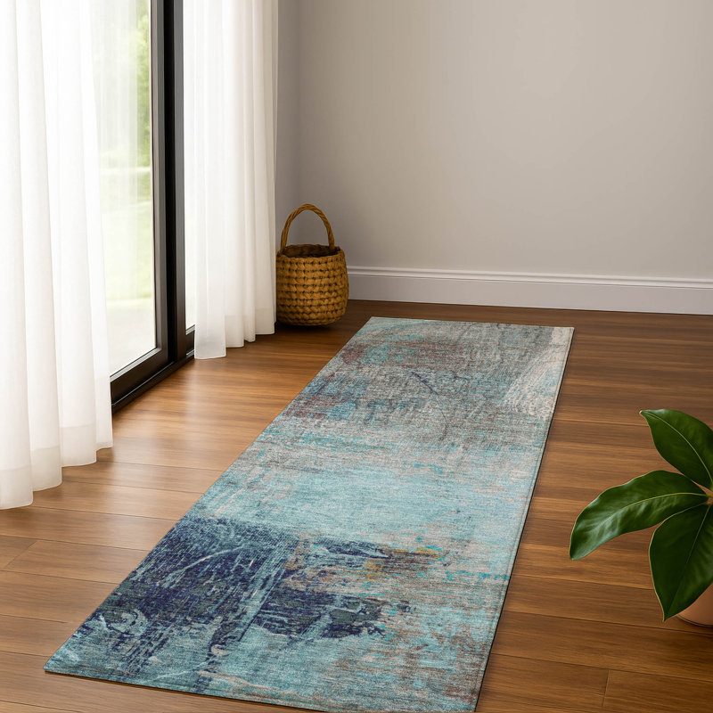 Premium Machine Washable Mayfield Abstract Rug, 2'3" x 7'6" Runner, Teal