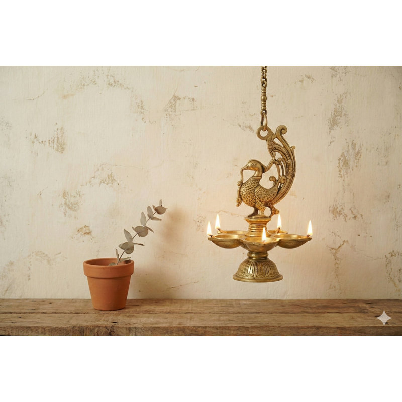 10-Inch Handmade Brass Mayura Peacock Hanging Puja Lamp - Traditional Oil Diya Spiritual Home Decor Lighting