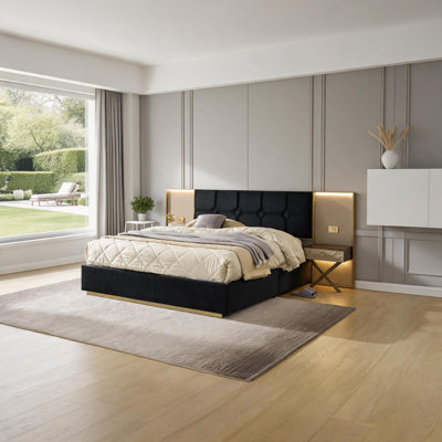 Modern Style King Size Platform Bed with Integrated Storage and Lighting, Upholstered Velvet Deep Black Wood Metal Frame