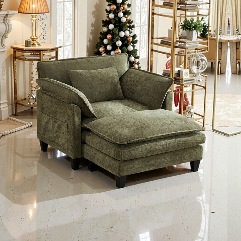 Fauteuil d'appoint de 42 pouces de large avec structure en bois massif de repose-pieds amovible et coussin double couche