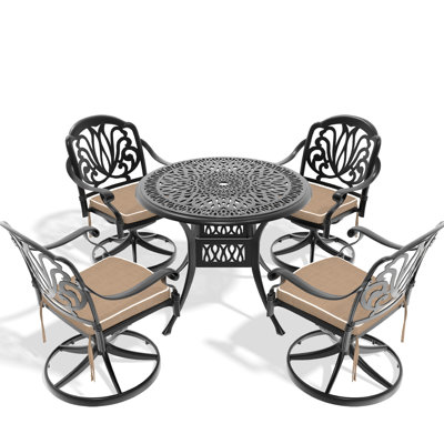All-Weather 5 salle à manger avec 4 chaises pivotantes et table ronde en aluminium de 35,43 po, structure noire, résistance aux intempéries, assise confortable contre la corrosion, capacité de siège de 350 lb, table de 160 lb avec coussins, facile