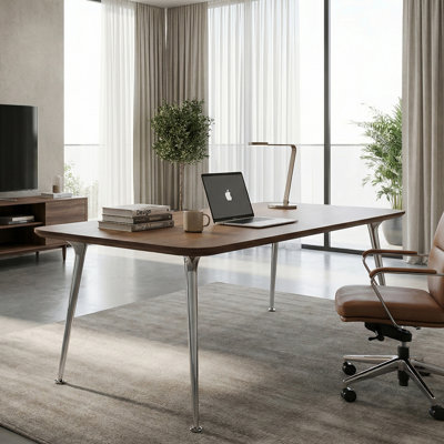 Modern Walnut Finish Desk With Metal Tapered Legs | Minimalist Writing Desk Or Dining Table