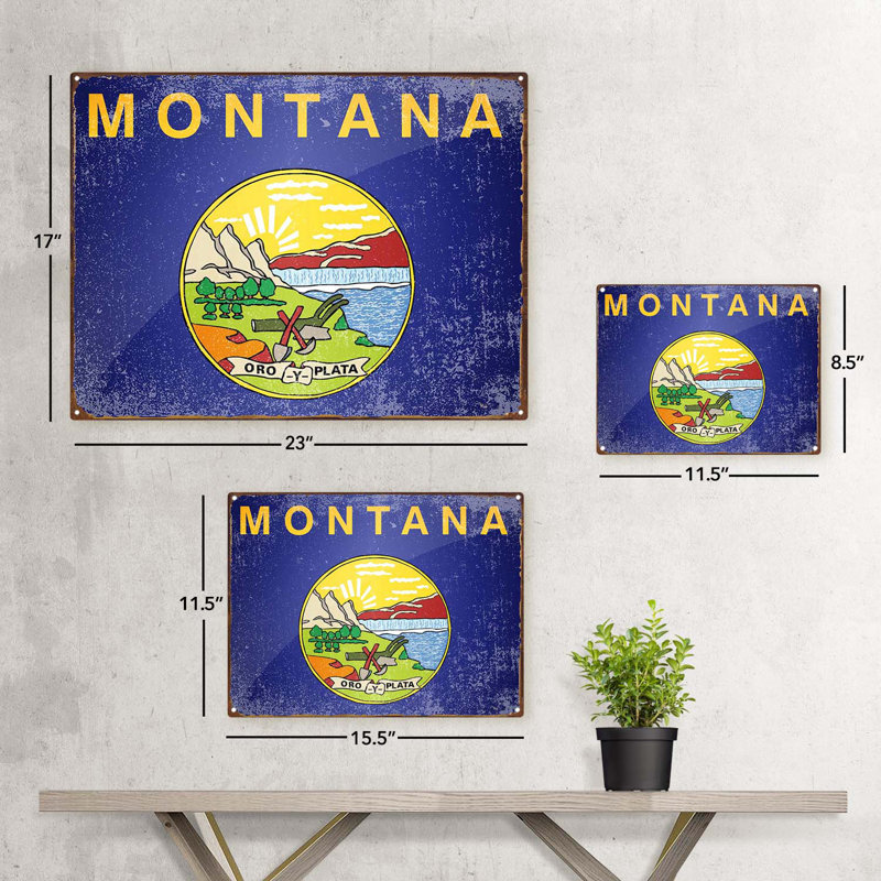 Drapeau du Montana sur impression métallique, H 11,5 po x l 15,5 po x P 0,04 po