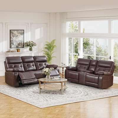 2-Piece Modern Tufted Power Reclining Living Room Set – A Top-Grain Leather Loveseat + Sofa With USB & Hidden Cup Holders