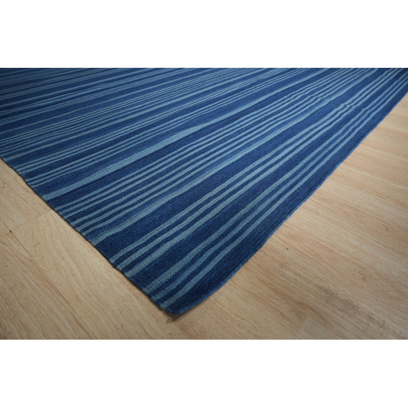 Blue Handwoven Wool Indigo Horizon Stripe Geometric Modern Contemporary Carpet Rug, 4' x 6'