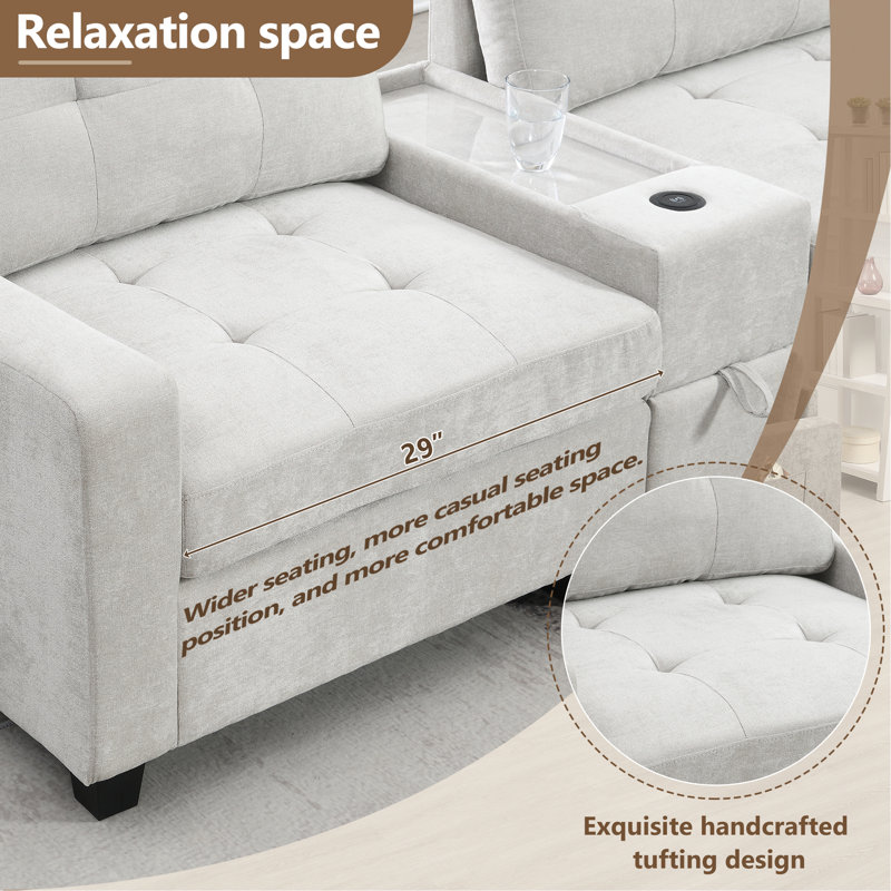 Canapé modulaire de 104 po avec plateau en acrylique, ensemble de canapé en U en chenille avec 2 consoles, chargeur USB, tiroirs et poches de rangement, repose-pieds mobile, canapé capitonné pour salon, appartement