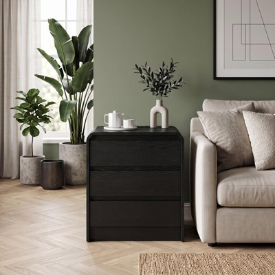 Table de chevet incurvée moderne à 3 tiroirs avec tablette ouverte et gestion des câbles – Table de chevet en bois à bords arrondis pour chambre à coucher, fini noir (lot de trois, article unique noir)