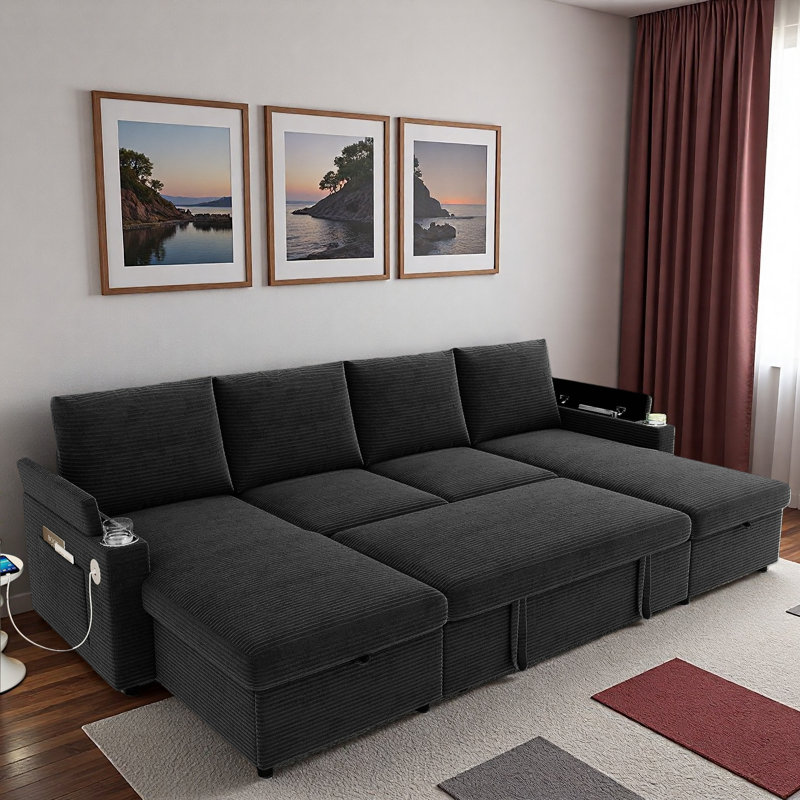 Convertible U-shaped Sectional Sofa With Storage Chaise Lounges, Cup Holders, Usb Ports, Storage Boxes And Pockets