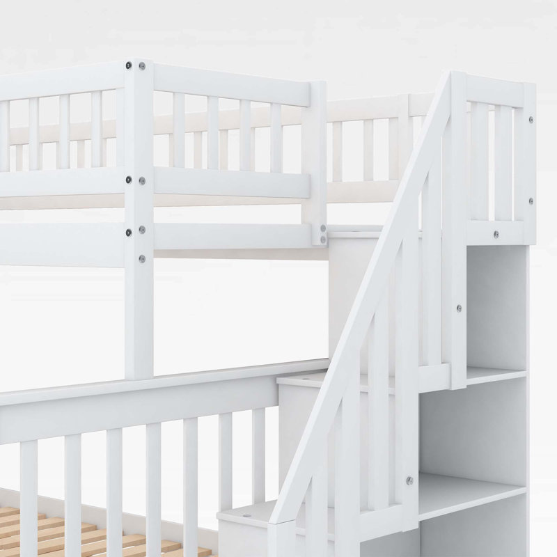 Lit simple superposé au dessus d'un lit double avec gigogne et escalier, blanc