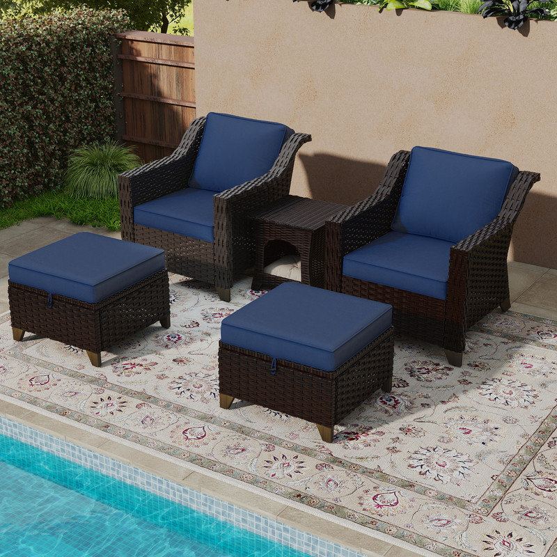3-Piece Patio Wicker Conversation Set with Storage Ottomans, Outdoor Furniture with Thick Cushions & Side Table, Weather Resistant for Backyard, Porch & Poolside