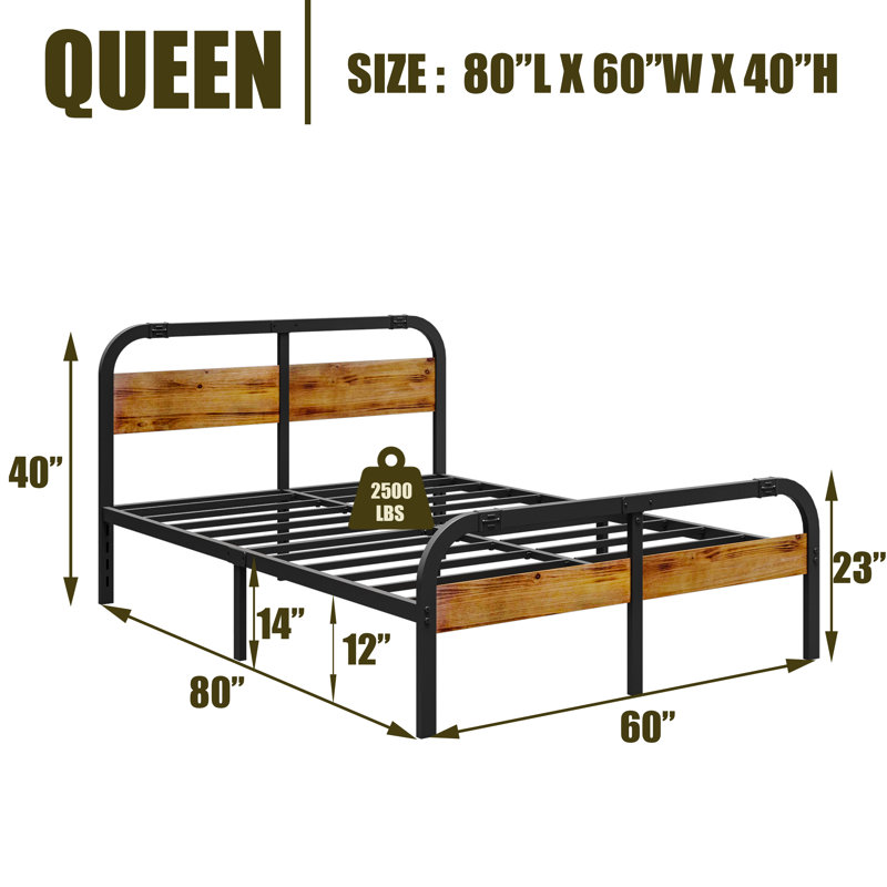 Heavy Duty Bed Frame With Wooden Headboard And Footboard, Queen