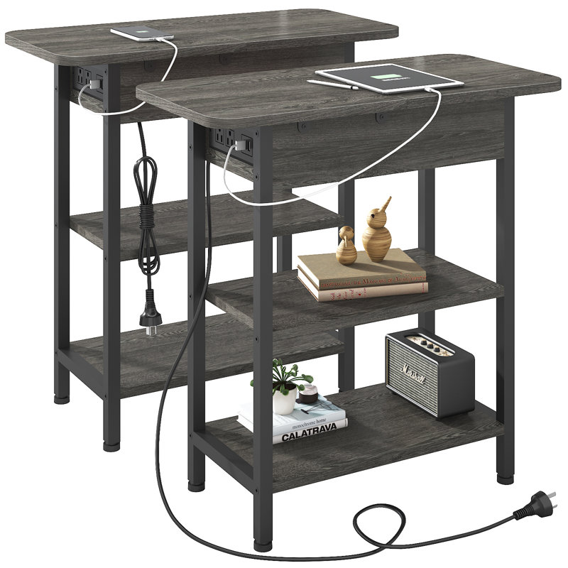 End Table Set of 2 with Storage and Charging Station, Dark Gray