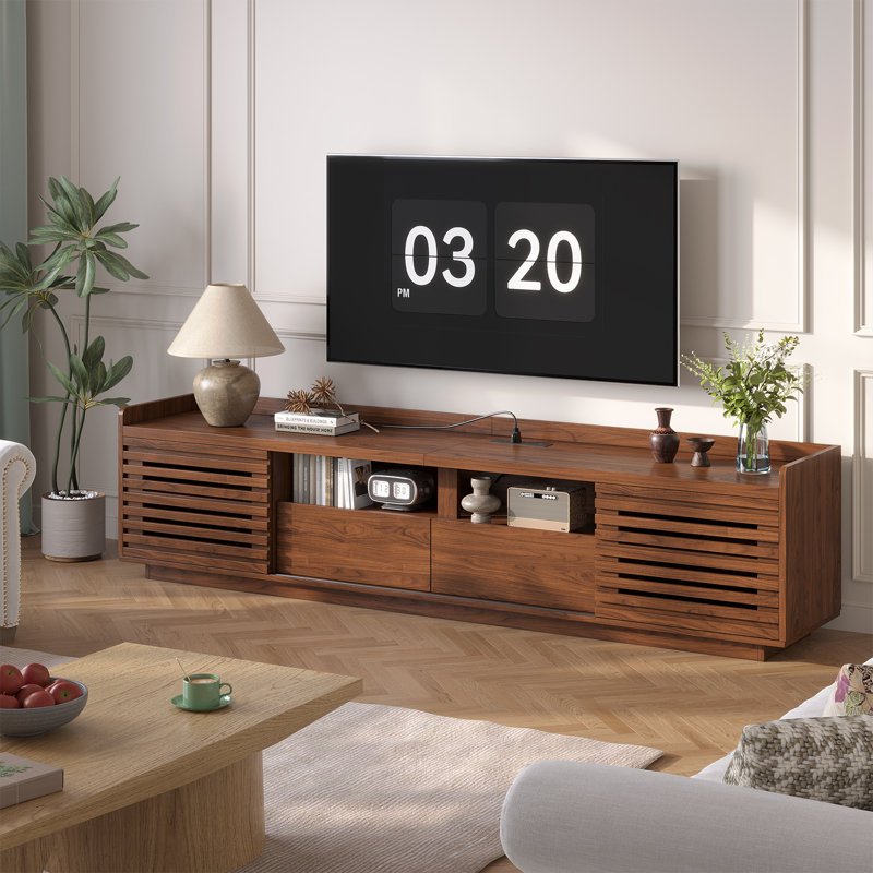 78.7'' TV Stand With 2 Drawers & Sliding Doors, Entertainment Center  With Power Strip Compartment, Walnut