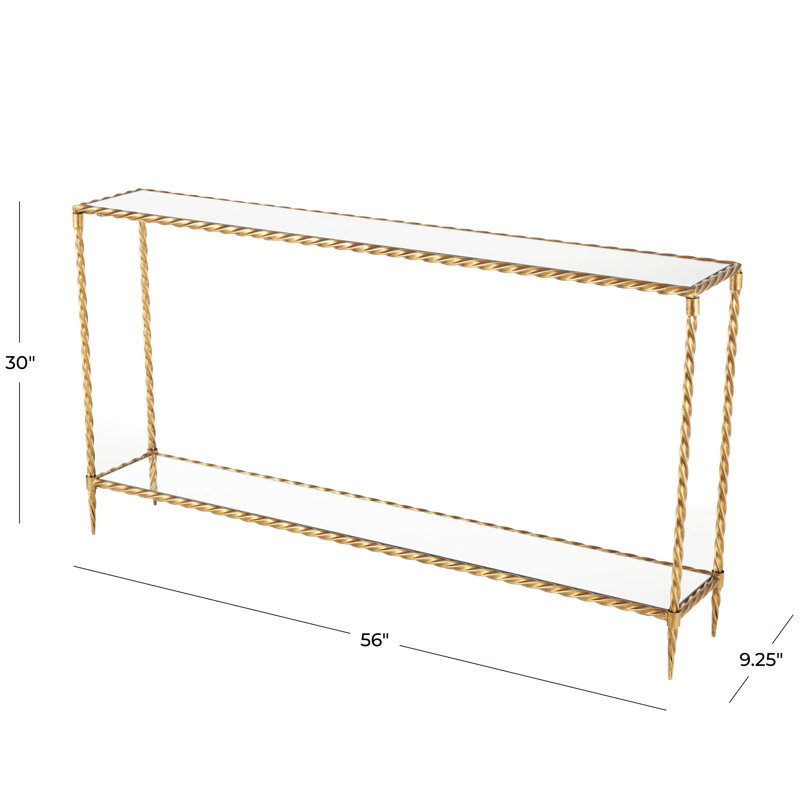 Zanilah Metal Twisted Rope Inspired 1 Shelf Gold Console Table with Mirrored Top and Shelf