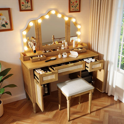 44.37"makeup Vanity Desk With 13 Hollywood Bulbs, 3 Lighting Modes Tri-fold Mirror, 3 Large Drawers, 2 Desktop Drawers, Open Tabletop Organizer, 2 Cabinets, Charging Station And Stool