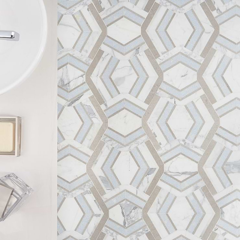 Mezzo 11x18 Polished Calacatta Marble Mosaic Tile, Dolce Polished