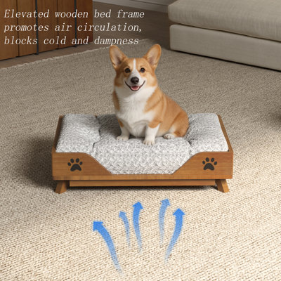 Elevated Solid Wood  Dog Bed -24” x 19.3” Brown Pet Bed Frame with Soft Cushion Washable, Mid-Century Modern Raised Dog Sofa Bed for small Pets up to 95lbs,Durable Pet Furniture