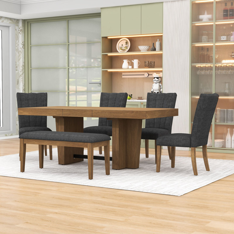 Ensemble de table de salle à manger avec banc et chaises, Brun, Gris