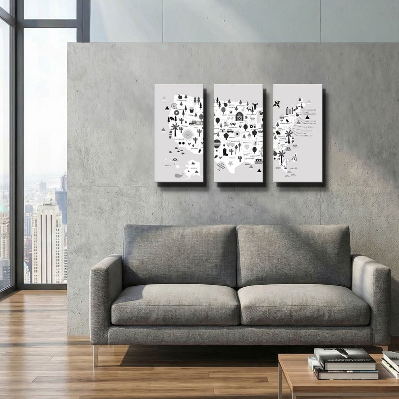 « Carte amusante des États-Unis en noir et blanc » par Ann Kelle, triptyque mural, 91,4 cm x 61 cm, 78"x34"