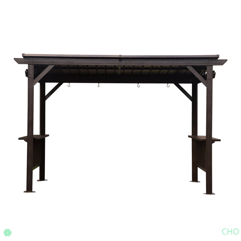 Hardtop Grill Gazebo, Outdoor BBQ Gazebo With 2 Side Shelves And Sloping Galvanized Steel Roof, Metal Permanent Grill Canopy With Ceiling Hooks For Patio, Lawn, Backyard, Deck