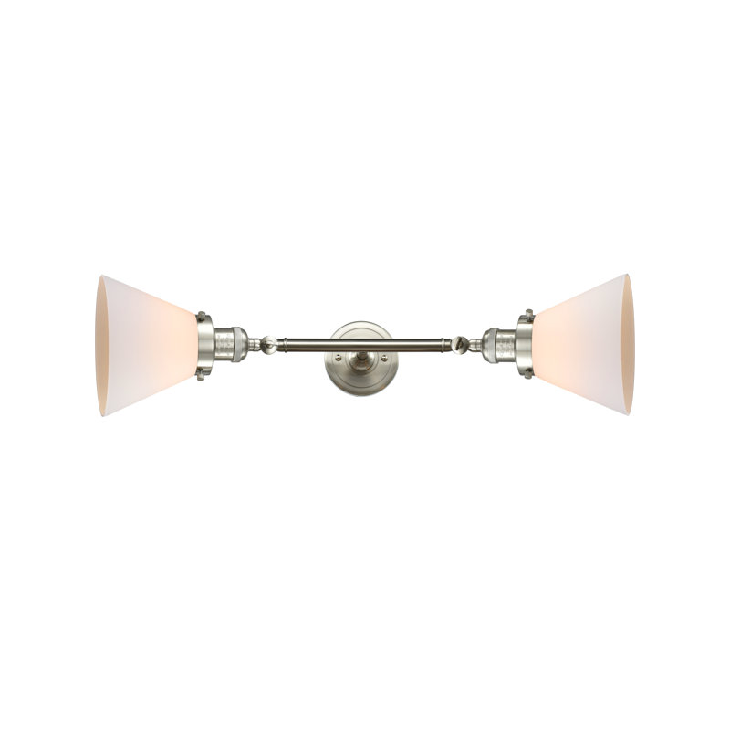 Cone 2 Light Bath Vanity Light, Brushed Satin Nickel, 6 Watt Vinage LED Bulb, Matte White Cased