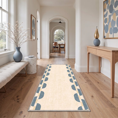 Tapis de couloir géométrique ivoire / bleu lavable à la machine avec envers antidérapant