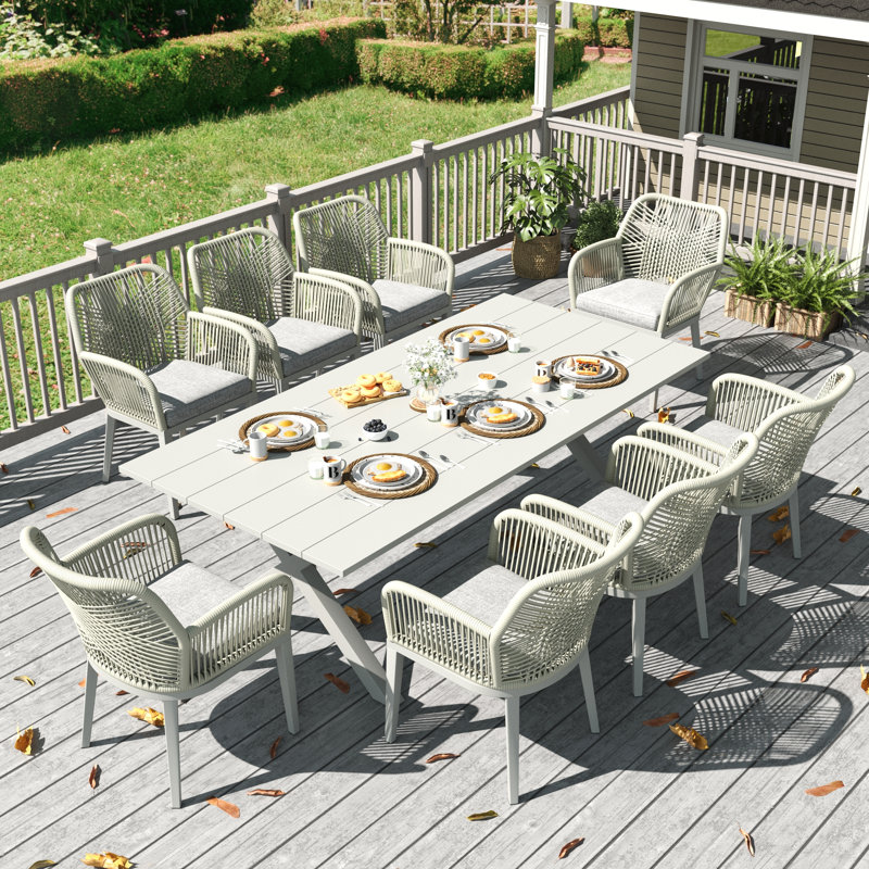 9 Pieces Outdoor Dining Set With Rectangular Dining Table And 8 Chairs, Light Gray, White, 8