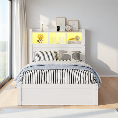 Lit avec tiroirs, lit en bois avec tête de rangement et armoire de rangement escamotable, lit en bois avec lumière et douille