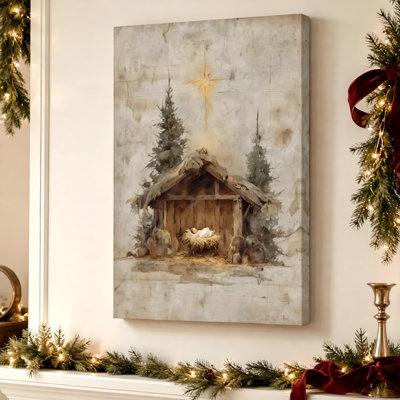 Crèche de Noël - Décoration murale de la Sainte Famille, impression sur toile tendue de 91 cm x 61 cm, prête à être accrochée dans le salon, la chambre ou le coin prière.