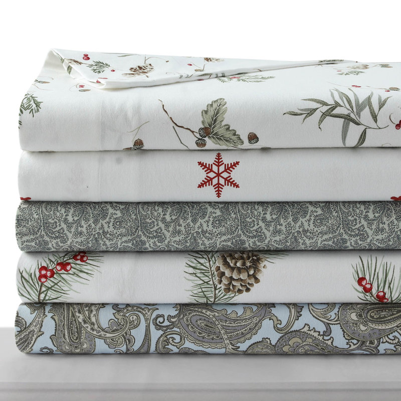 Flannel Paisley Sheet Set, California King Sheet Set with 3Additional Pieces, Blue/White/Green