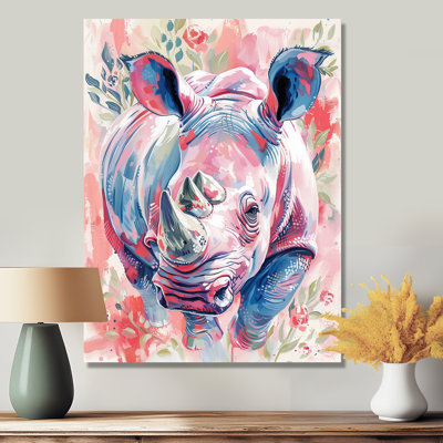 Pink Green Rhino Wondering Meadows II - Rhinoceros Animal Wall Decor