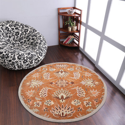 Abingd Hand Tufted Wool Eco-Friendly Area Rugs - Round, Orange Color, Floral Modern Design, High Pile Thick Handmade Anti Skid Area Rugs for Living Room, Bed Room