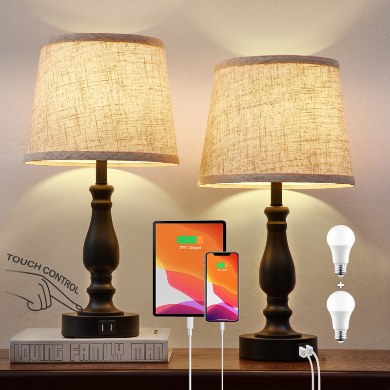 Black and Beige Touch Control Table Lamp Set with USB Ports