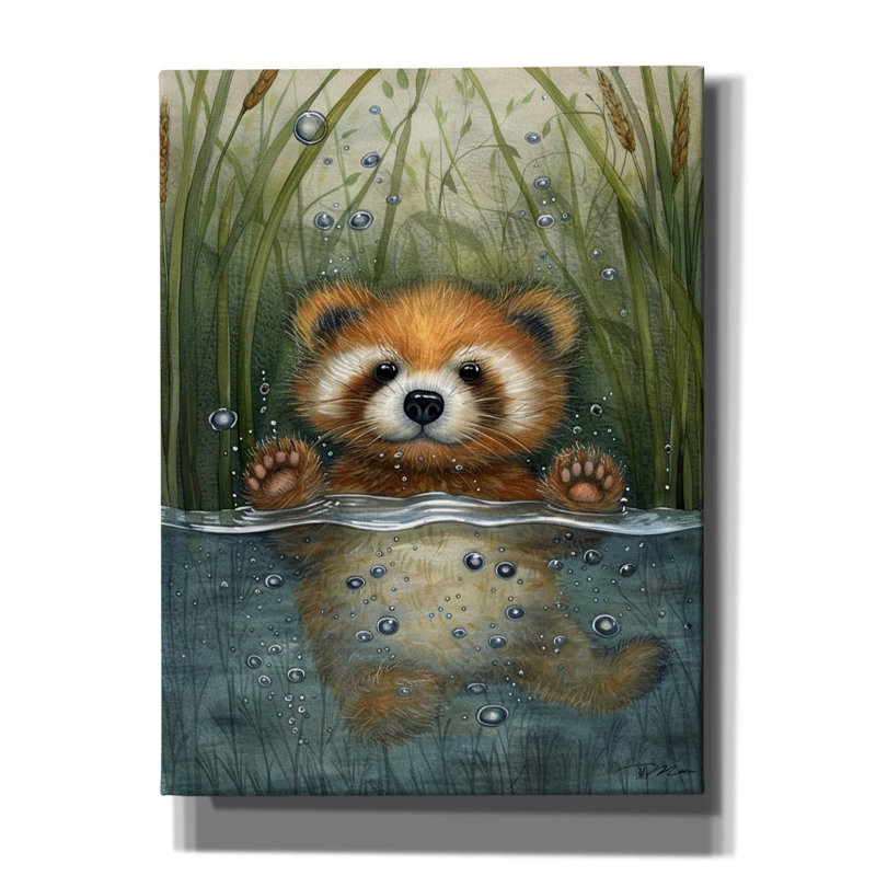 «Petit panda rouge dans l'eau» par Momart, art mural sur toile, 12 po x 16 po, H 16 po x l 12 po x P 0,75 po