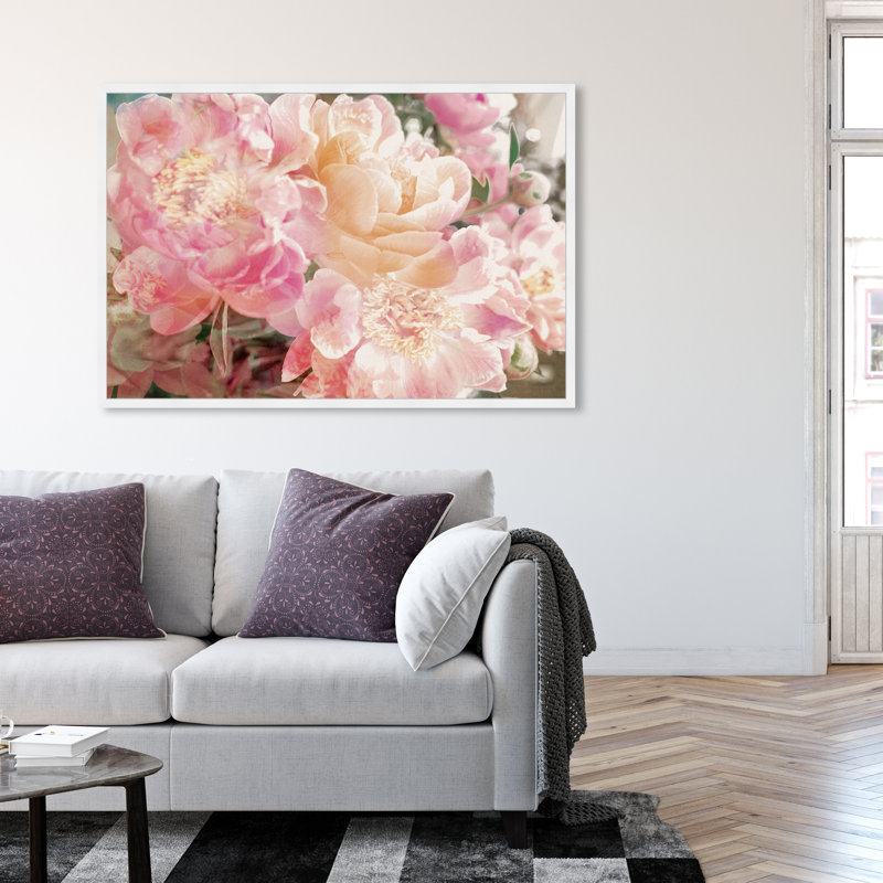Fleurs roses, pivoines, impression sur papier, Cadre blanc, H 38 po x l 56 po