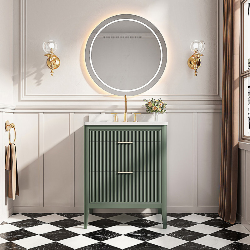 Meuble-lavabo autoportant à simple cuve avec plateau en marbre d'ingénierie, Vert, 30"