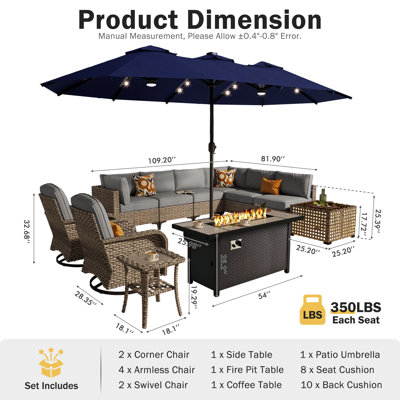 Ensemble de 12 meubles de patio extérieur avec table de foyer 54 po, table basse à lumière solaire et parasol double face 14,5 pi avec base, siège en osier PE pour 8