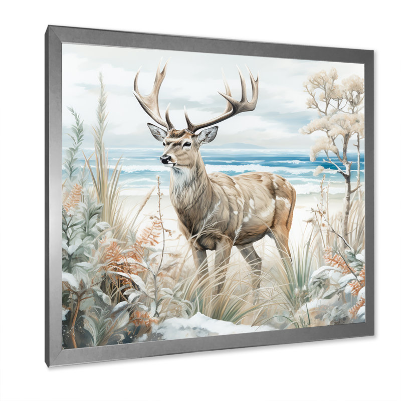 Deer Charm In Winter - Deer, reproduction d'art sur toile, Cadre simple argenté, H 30 po x l 30 po x P 1 po
