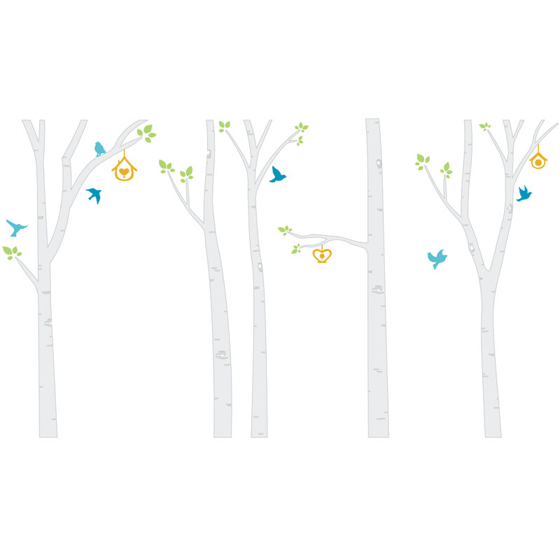 Décalcomanie murale arbres et oiseaux bouleau, Blanc
