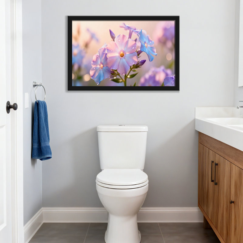 Plantes et fleurs mauves avec gouttes de rosée, H 12 po x l 18 po, Impression encadrée sans passe-partout, Noir