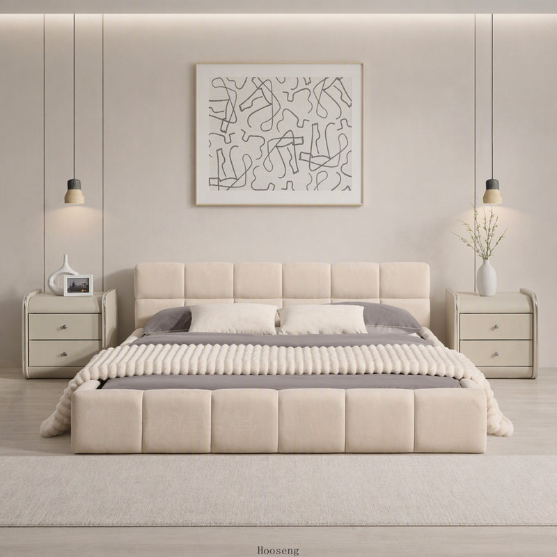 Lit Queen élégant en chenille beige à motif damier, beige, Grand lit