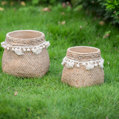 Ensemble de 2 pots à fleurs en ciment brun, pots à fleurs décoratifs avec pampille tissée, décoration intérieure moderne pour plantes grasses et petites plantes (6,5 x 6,5 x 6 po)