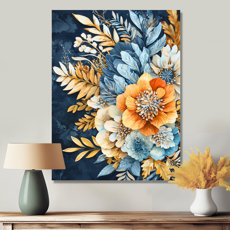 Floral fantaisie bleu et couleurs estivales III - botanique, art mural en métal, impression moderne sur métal
