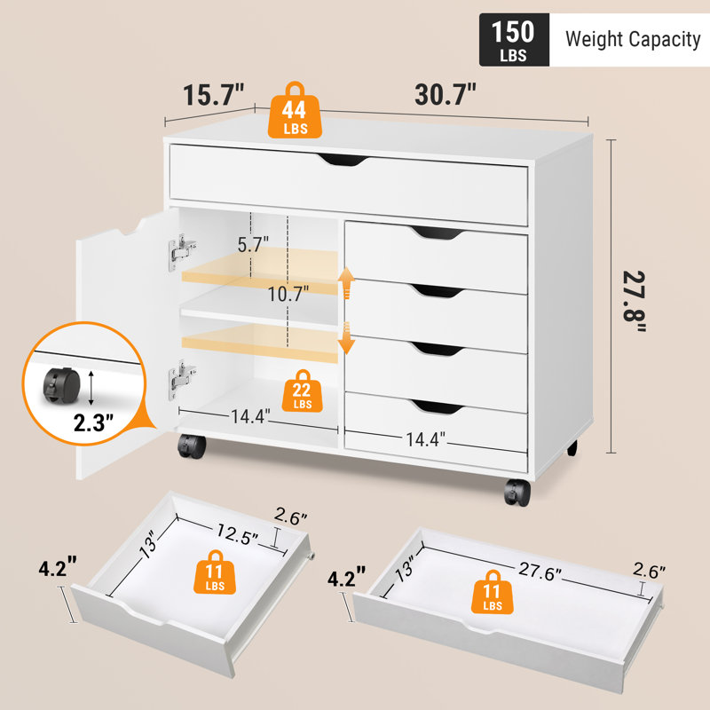 Classeur mobile 30,71 "de large avec 5 tiroirs, porte et tablette réglable, support pour imprimante à roulettes