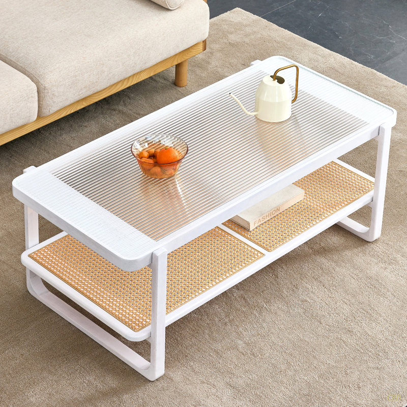 Table basse moderne à double couche. Plateau de table en verre, table en imitation rotin. Table rectangulaire convenant au salon, à la salle à manger et à la chambre à coucher
